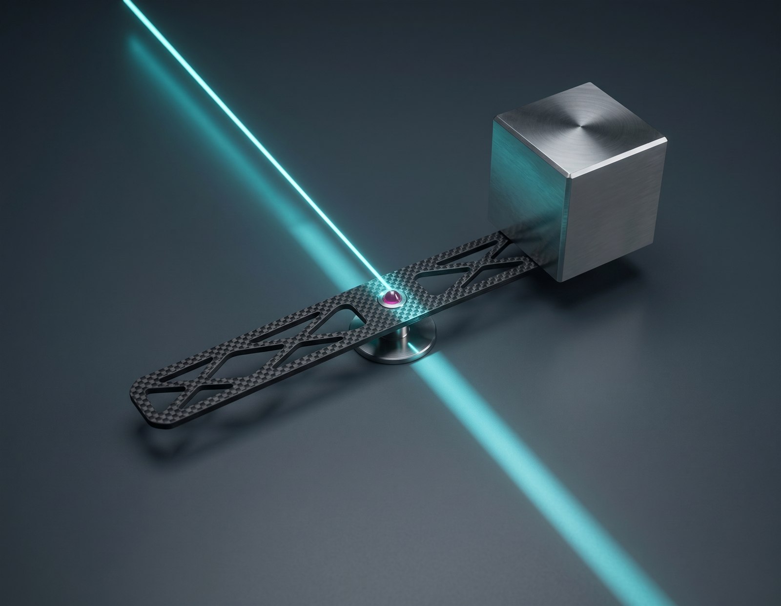 Pieza de fibra de carbono reforzada junto a un cubo metálico técnico